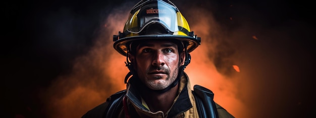 Retrato de um bombeiro masculino em equipamentos contra o fundo de um incêndio