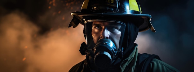 Retrato de um bombeiro masculino em equipamentos contra o fundo de um incêndio