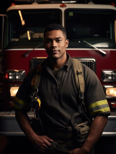 Foto retrato de um bombeiro na frente de um carro de bombeiros