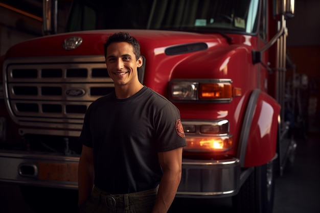 Foto retrato de um bombeiro sorrindo na frente de um caminhão de bombeiros com fundo de estilo bokeh