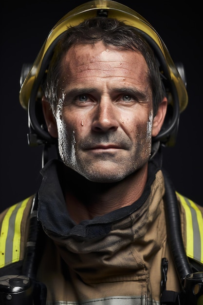 Retrato de um bombeiro usando um capacete protetor e olhando para a câmera