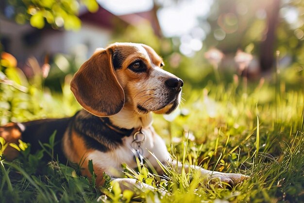 Retrato de um bonito cachorrinho de beagle deitado na grama