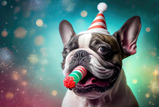 Retrato de um bonito e feliz Bulldog Francês com soprador de festa enrolado na festa de celebração e confeti de luz bokeh no fundo brilhante IA geradora