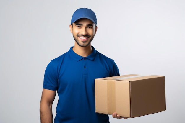 Retrato de um bonito entregador vestindo uniforme azul e boné segurando um pacote em fundo branco