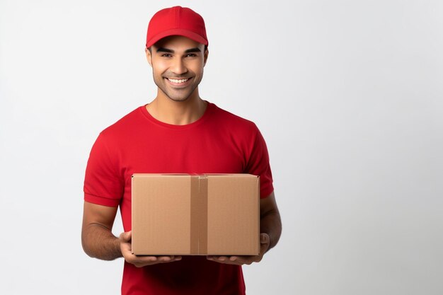 Retrato de um bonito entregador vestindo uniforme vermelho e boné segurando um pacote em fundo branco