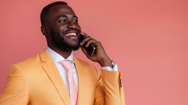 Retrato de um bonito homem afro-americano de terno amarelo falando em espaço de cópia de telefone móvel