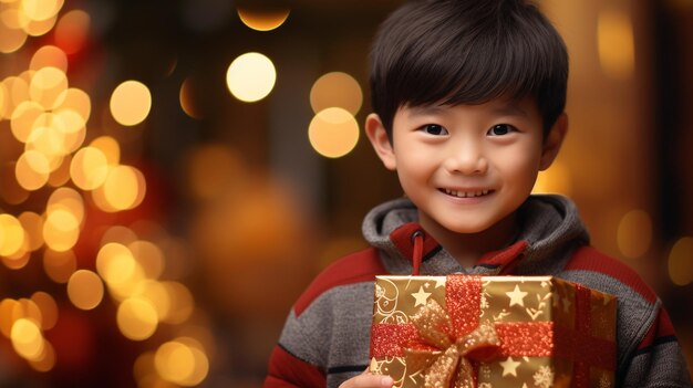 Retrato de um bonito menino asiático com uma caixa de presentes