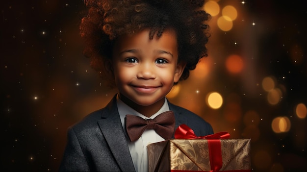 Retrato de um bonito menino preto com uma caixa de presentes