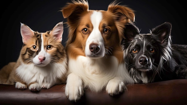 Retrato de um border collie um gato e um cachorro Papillion olhando para a câmera gerada por ai