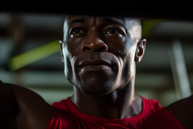 Retrato de um boxeador afro-americano com uma camisa vermelha olhando para a câmera no ginásio