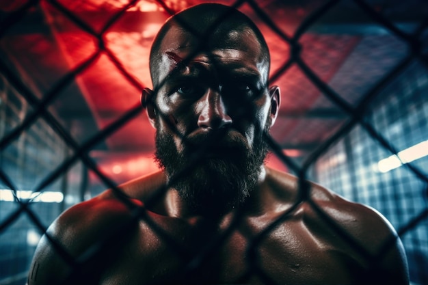 Retrato de um boxeador forte com barba em uma gaiola