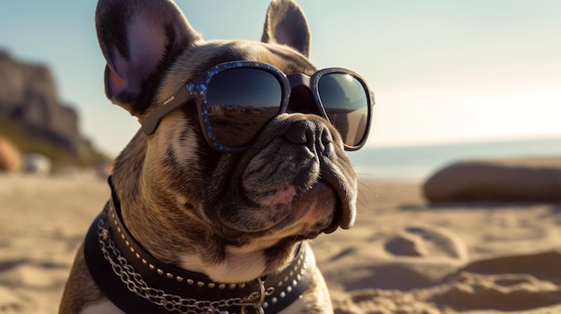 Retrato de um buldogue francês com óculos de sol no mar e o fundo da praia Generated AI