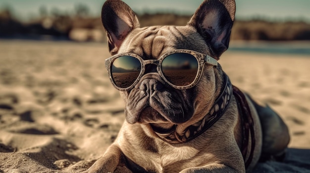 Retrato de um buldogue francês com óculos de sol no mar e o fundo da praia Generated AI