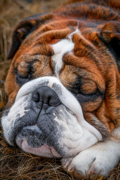 Foto retrato de um bulldog inglês em repouso em fundo natural ao ar livre animais de estimação pacíficos na natureza