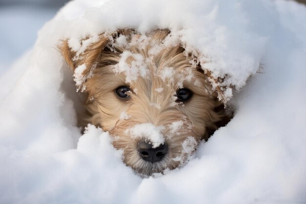 Foto retrato de um cachorrinho coberto de neve