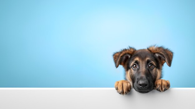 Retrato de um cachorrinho de pastor alemão olhando para a câmera Com fundo azul