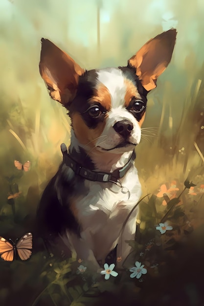 Retrato de um cachorrinho fofo sentado na pintura a óleo de imitação de flores