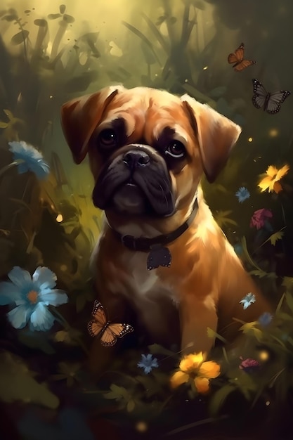 Retrato de um cachorrinho fofo sentado na pintura a óleo de imitação de flores