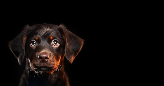 Retrato de um cachorrinho preto fofo olhando para a câmera no fundo preto copyspace petanimalsdogsfilhote