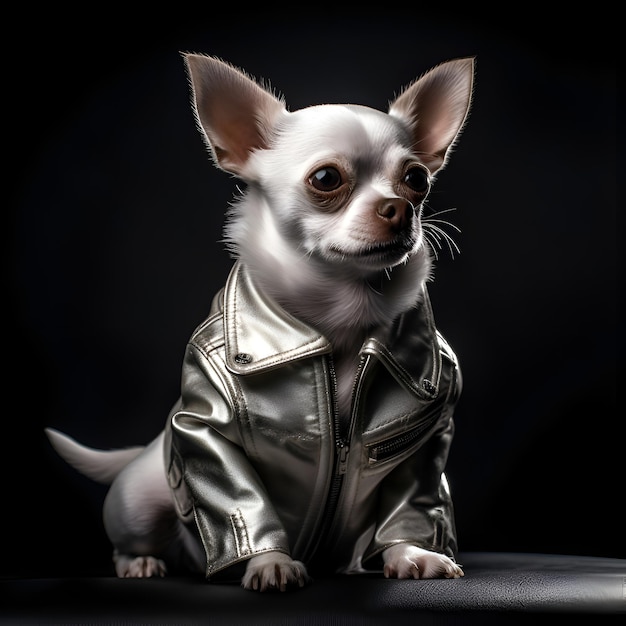 Retrato de um cachorro chihuahua fofo na jaqueta de couro