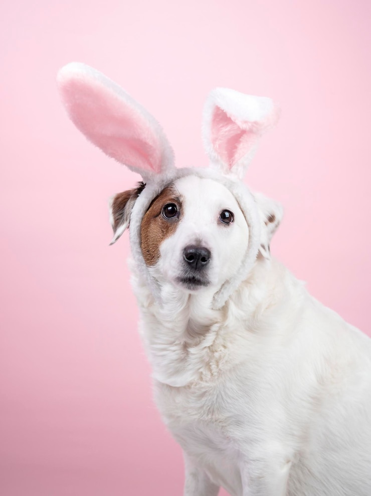 Foto retrato de um cachorro com orelhas de coelho em um fundo rosa animais engraçados do conceito de páscoa