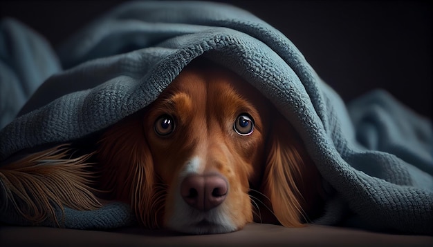 Retrato de um cachorro com um cobertor na cabeça no escuro generative ai