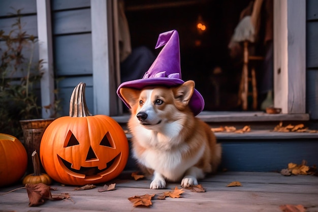 Retrato de um cachorro corgi em uma fantasia de Halloween sentado na porta ao lado de abóboras Halloween