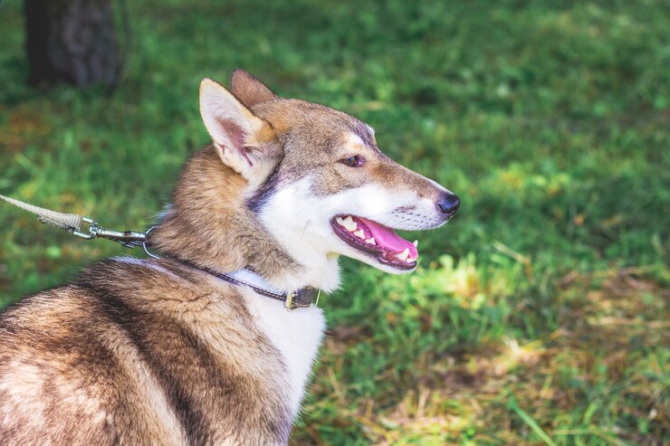 Foto retrato de um cachorro da raça west siberian laika, close up no perfil