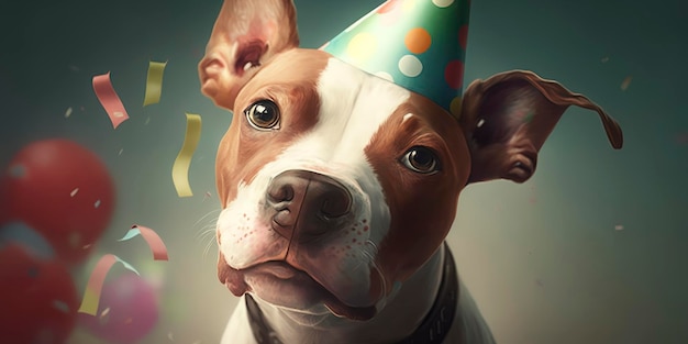 Retrato de um cachorro em sua festa de aniversário com chapéu de festa e tem um bolo selvagem com velas usando um chapéu de festa balões e confetes