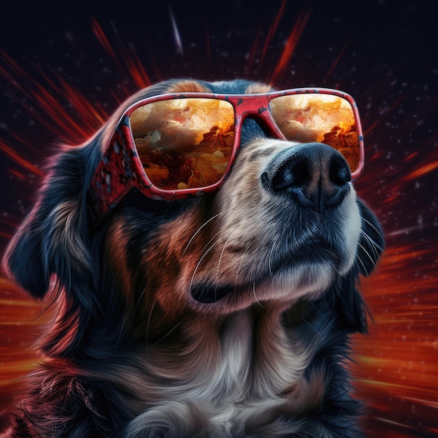 Retrato de um cachorro em um cinema com pipoca em óculos 3d