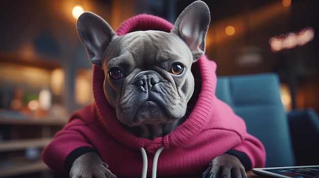 Retrato de um cachorro em um suéter com um celular nas mãos