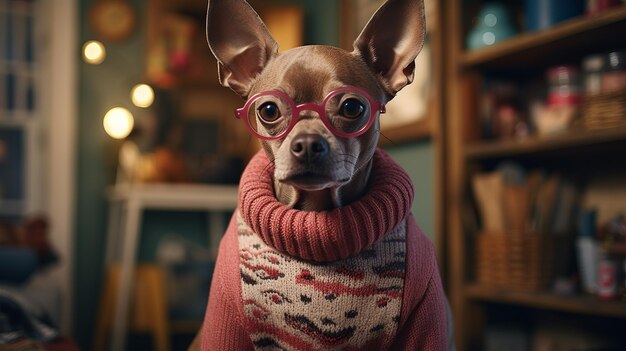 Retrato de um cachorro em um suéter com um celular nas mãos