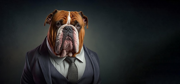 Retrato de um cachorro em um terno de negócios em um fundo escuro Generative AI