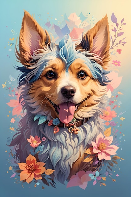 Retrato de um cachorro fofo com flores e folhas ilustração vetorial