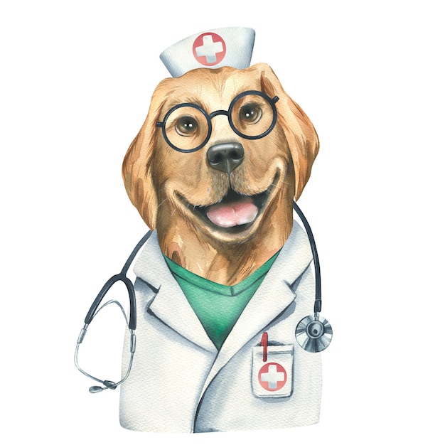 Retrato de um cachorro golden retriever em traje de médico Ilustração em aquarela Um objeto isolado da coleção VETERINÁRIA Para o design e design de farmácias de clínicas publicitárias