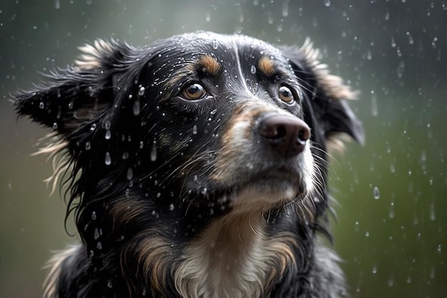 Retrato de um cachorro na chuva gerado por IA