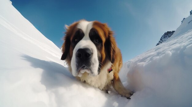 Retrato de um cachorro São Bernardo procurando algo na neve