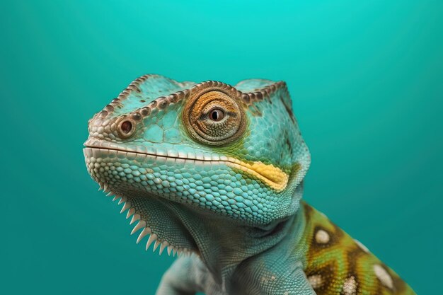 Retrato de um camaleão jovem sobre um fundo verde
