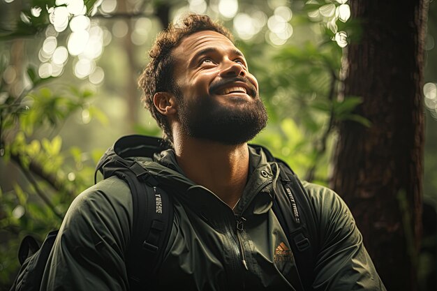 Retrato de um caminhante sentado do lado de fora de uma tenda verde com árvores verdes em fundogenerado com ia