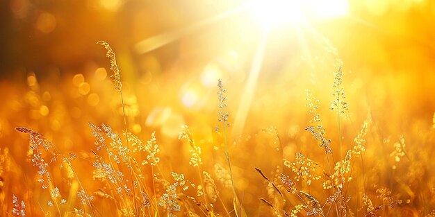 Foto retrato de um campo dourado iluminado pelo sol com o raio do sol radiante