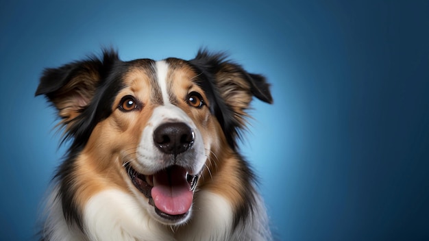 Retrato de um cão border collie alegre com expressão engraçada feliz isolado em um fundo azul