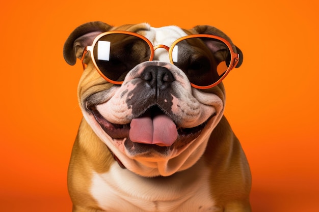 Retrato de um cão buldogue inglês com óculos de sol com fundo laranja