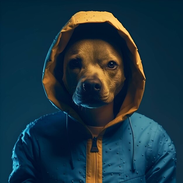 Foto retrato de um cão com um impermeável em um fundo azul