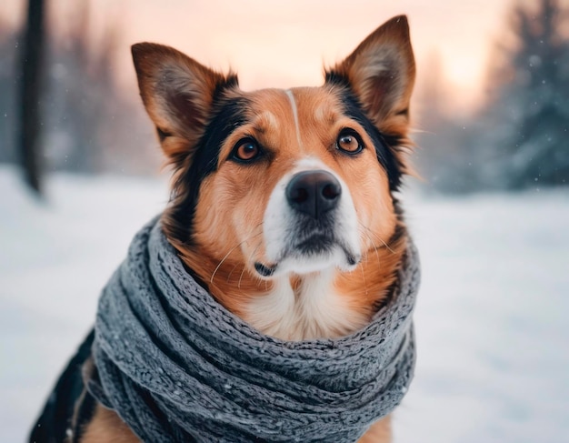 Retrato de um cão com um lenço em um fundo de floresta de inverno