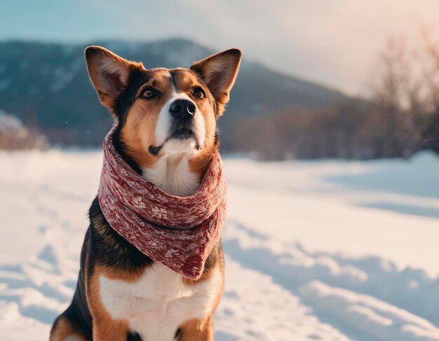 Retrato de um cão com um lenço em um fundo de floresta de inverno