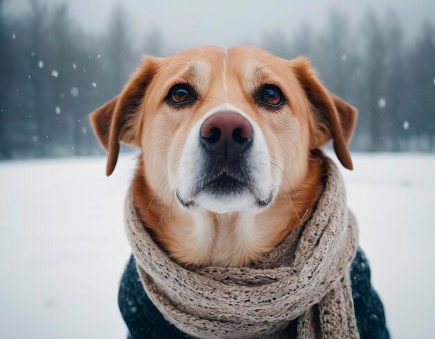 Retrato de um cão com um lenço em um fundo de floresta de inverno