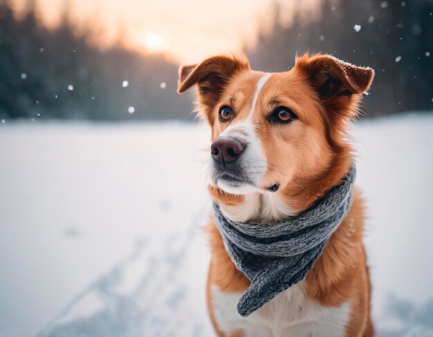 Retrato de um cão com um lenço em um fundo de floresta de inverno