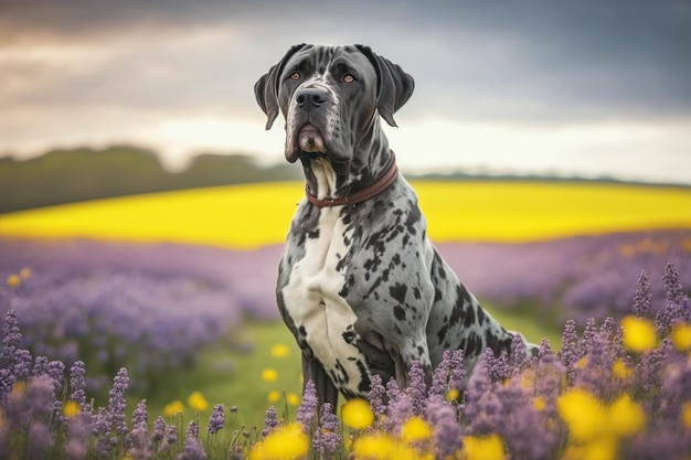 Retrato de um cão dinamarquês calmo em um prado florido gerado por IA