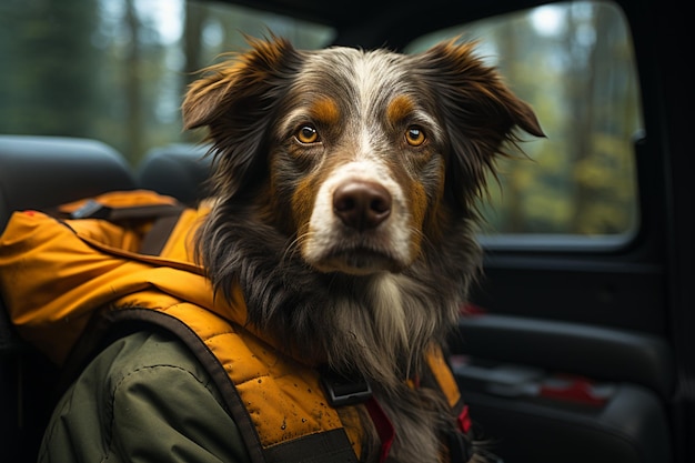 retrato de um cão em viagem com equipamento turístico