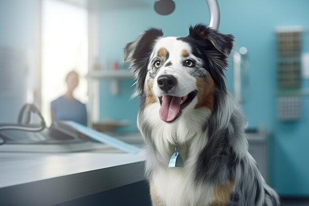 Retrato de um cão idoso bonito no check-up de saúde na clínica veterinária